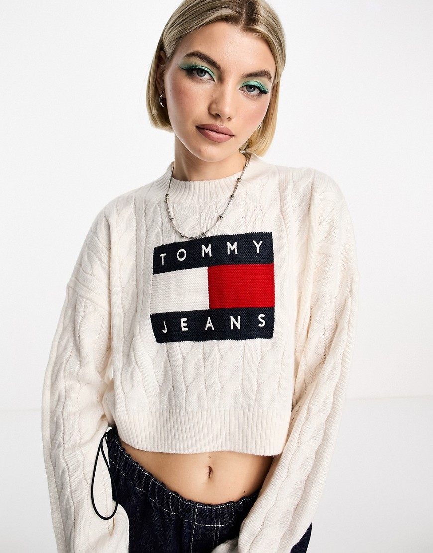 Tommy Jeans knit boxy flag sweater in white