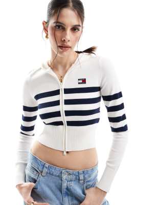 Tommy Jeans knit zip through hoodie in white and navy stripe