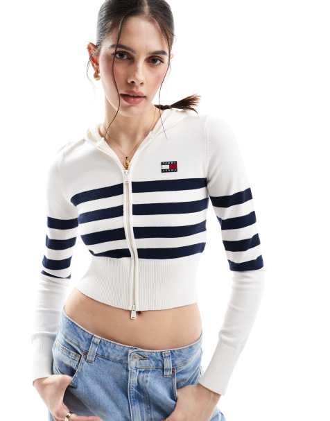 Tommy Jeans knit zip through hoodie in white and navy stripe - view 1