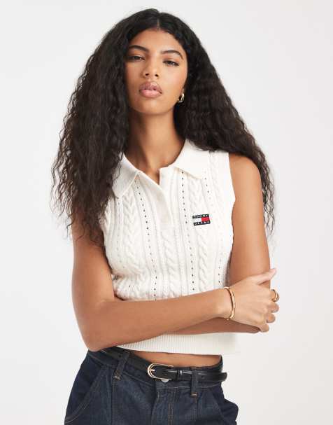 Tommy Jeans – Kremowa koszulka polo bez rękawów z dzianiny o warkoczowym splocie - view 1