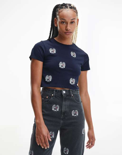 Tommy Jeans – Krótki granatowy top bawełniany ze wzorem na całej powierzchni – NAVY