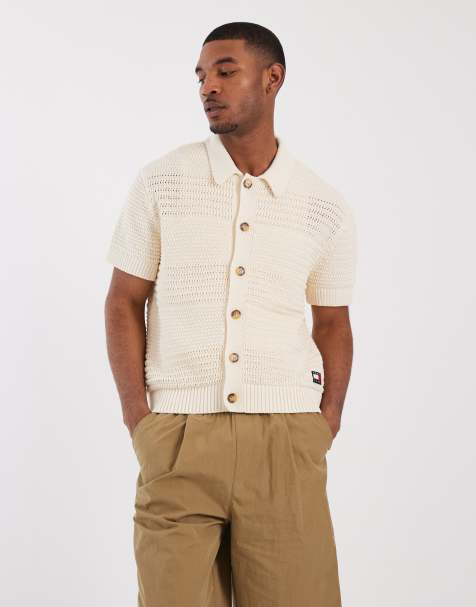 Tommy Jeans – Kurzärmlige, gehäkelte Strickjacke in Beige - view 1