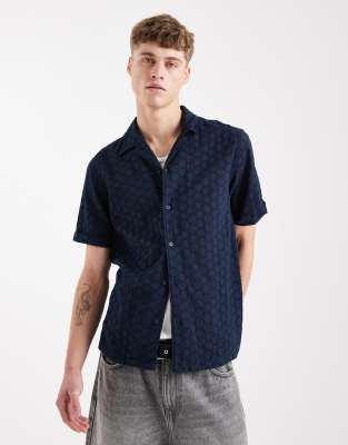 Kurzärmliges Hemd in Marineblau mit Stickerei Marineblau 44