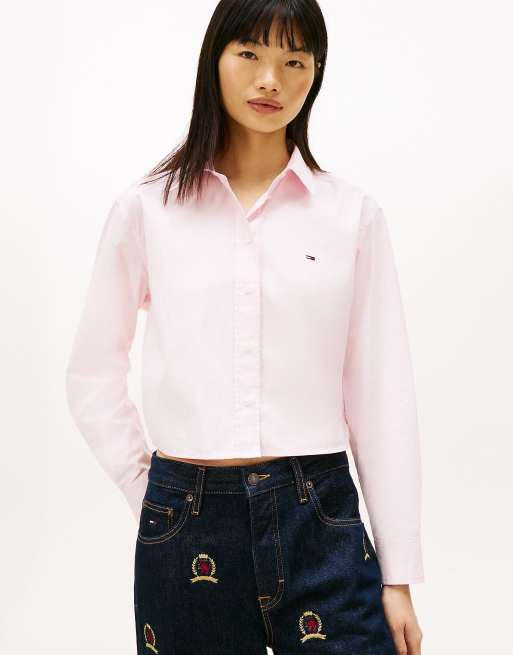 Tommy Jeans – Kürzere Relaxed-Fit-Bluse aus Popeline in Hellrosa