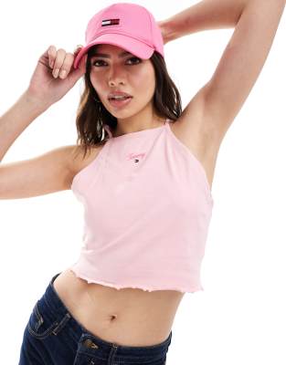 Tommy Jeans - Kurzes, gerafftes Oberteil in Rosa mit Ringerrücken und Schriftzug