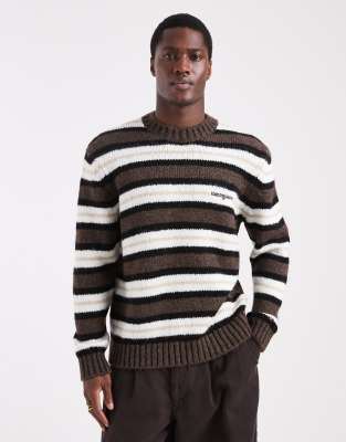 Kuscheliger Strickpullover mit Streifen in Schwarz/Braun/Weiß und mit Handschrift-Logo auf der Brust Weiß 54