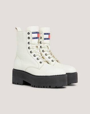 Tommy Jeans lace up chunky boot with zip in Rich Cream