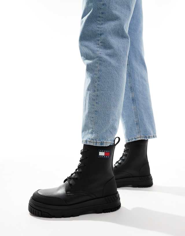 Tommy Jeans lace up chunky leather boots in black | ASOS