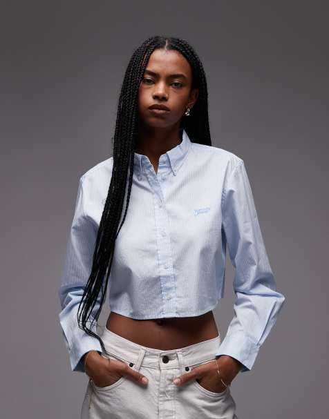 Tommy Jeans – Langärmlige Cropped-Hemdbluse aus Popeline in gestreiftem Blau mit Regular-Fit-Schnitt - view 1