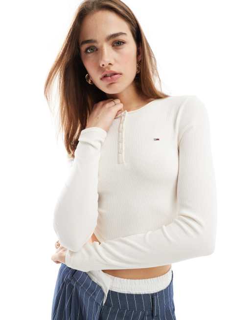 Tommy Jeans - Langærmet Henley-top i offwhite