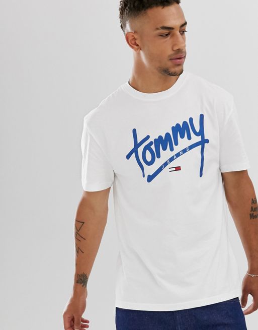 Tommy Jeans large chest handwriting logo t-shirt in white | ASOS