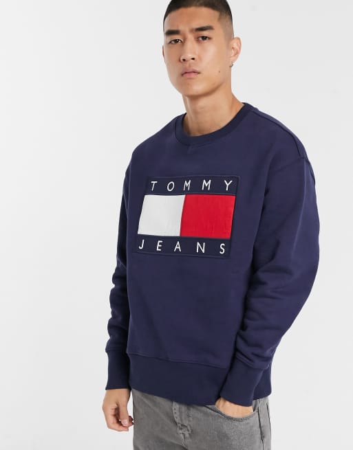 Tommy Jeans large flag crew neck sweatshirt in navy