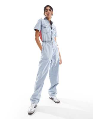 Shop Tommy Jeans large flag denim boiler suit in light wash Online – Trendy & Affordable Fashion