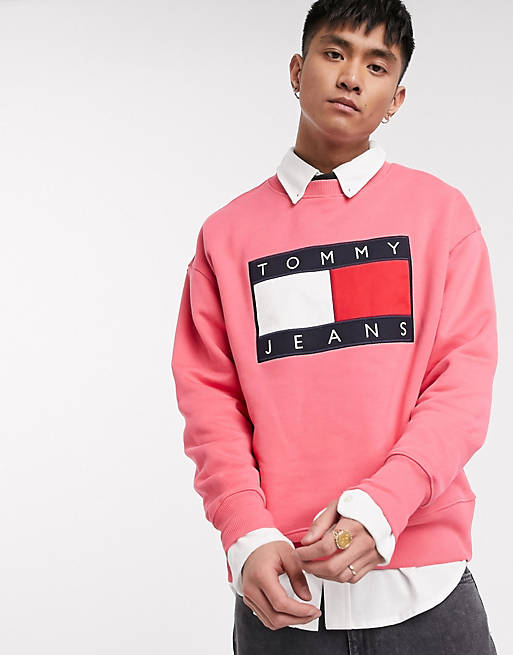 | ASOS Jeans logo neck sweatshirt washed large flag in pink crew Tommy