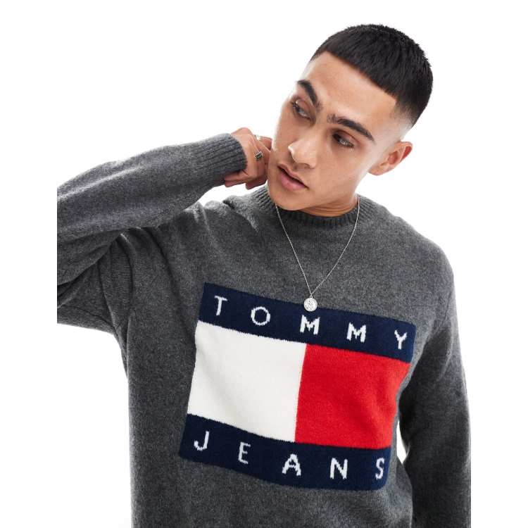 Tommy Jeans large flag logo jumper in grey melange ASOS