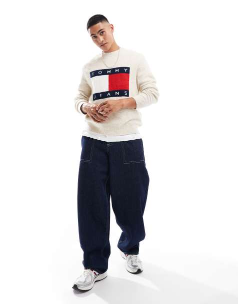 Tommy Jeans large flag logo jumper in off white melange - view 1