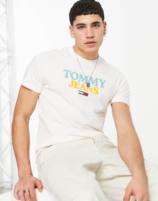 Tommy Jeans large logo t-shirt slim fit in cream | ASOS