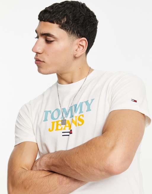 Tommy Jeans large logo T shirt slim fit in cream