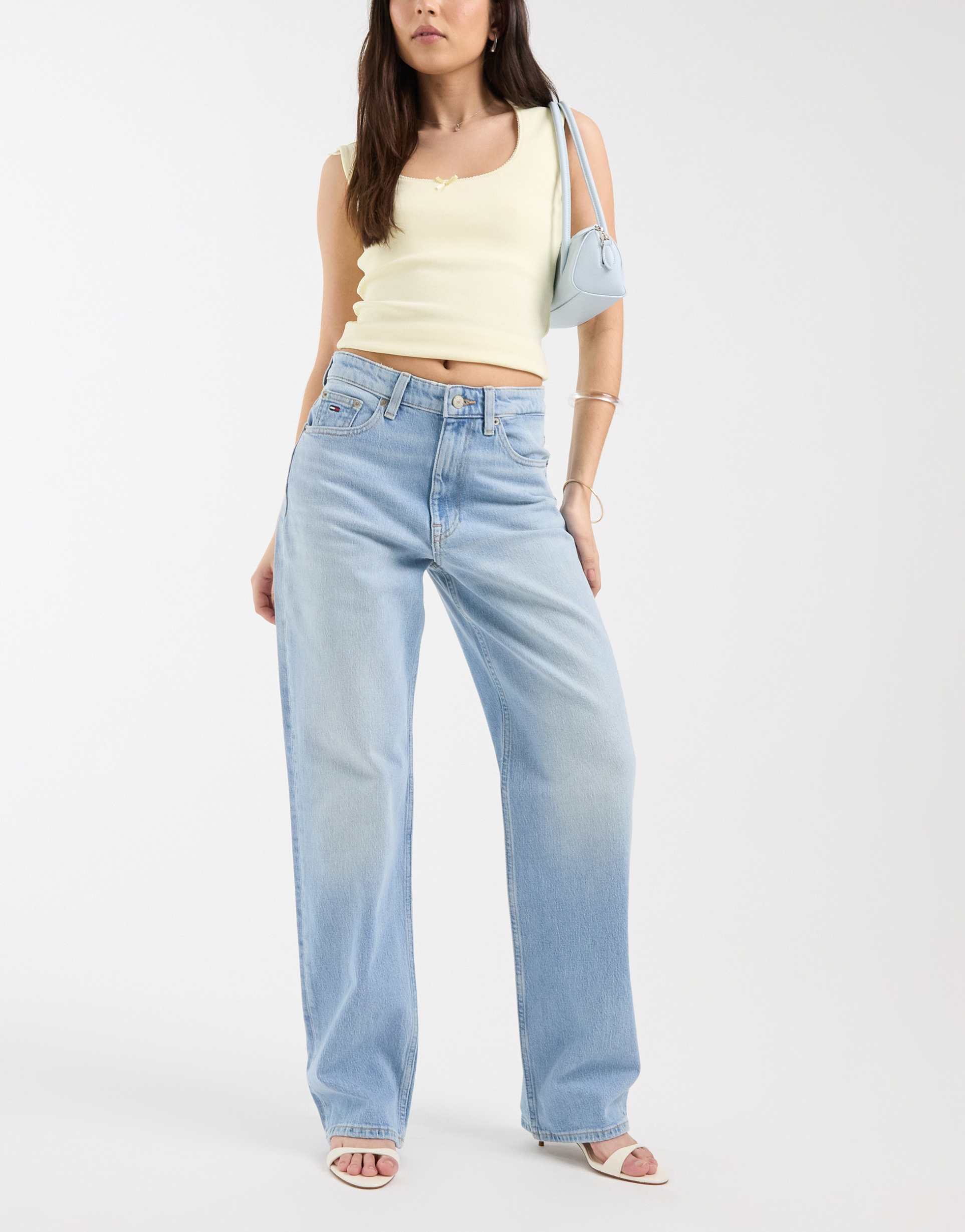 tommy jeans layla high rise slim straight leg jeans in light wash blue