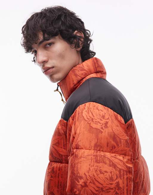 Tommy Jeans leafy all-over print puffer jacket in orange, 4 of 5