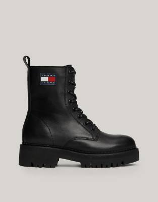 Tommy Jeans Leather cleat chunky sole lace-up boots in black