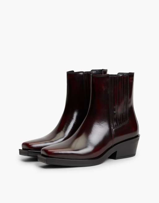 Tommy Jeans Leather embossed logo western boots in burgundy velvet, 2 of 7