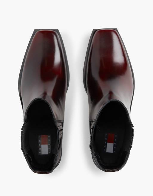 Tommy Jeans Leather embossed logo western boots in burgundy velvet, 3 of 7