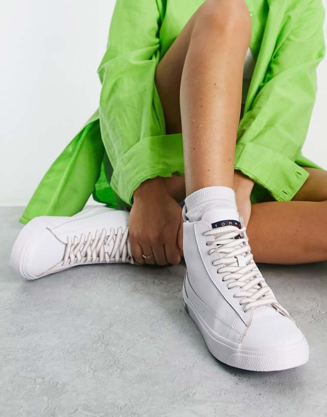 Tommy Jeans leather flag logo high top sneakers in white