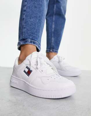 Shop Tommy Jeans Leather Flag Logo Retro Basket Sneakers In White