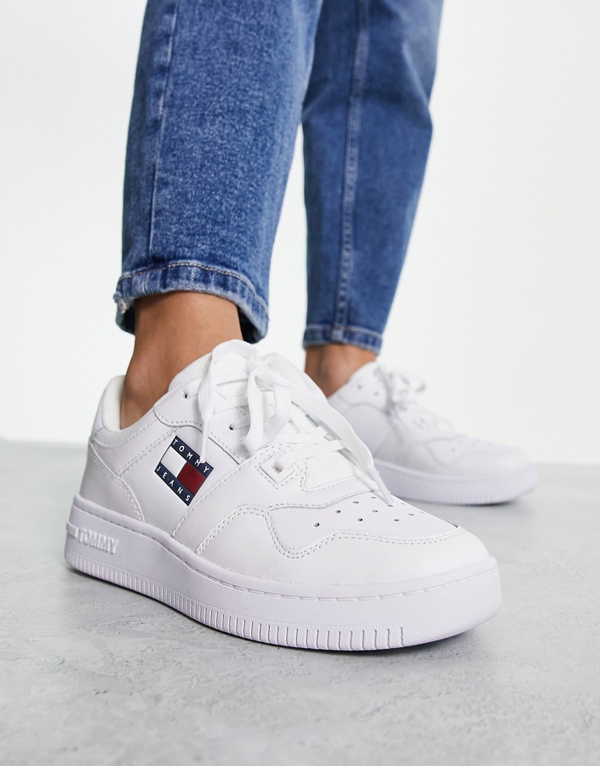 Tommy Jeans leather flag logo retro basket trainers in white