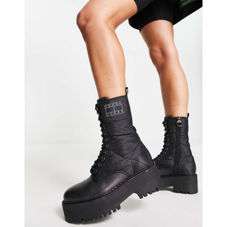 Tommy Jeans leather flatform padded boots in black