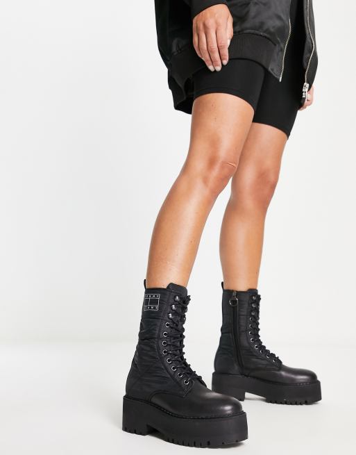 Tommy Jeans leather flatform padded boots in black