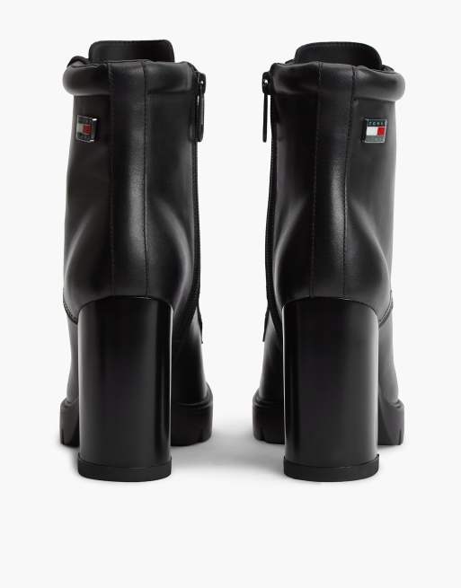 Tommy Jeans Leather high block heel lace-up boots in black, 4 of 7