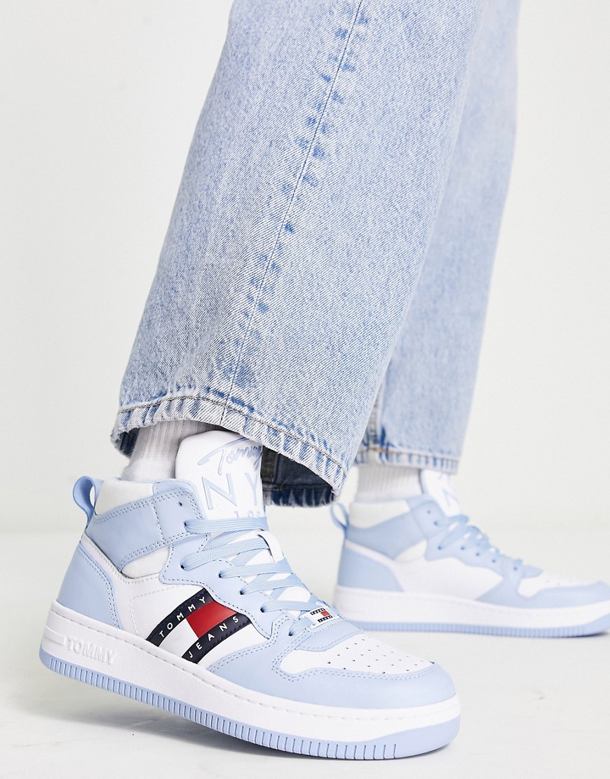 Tommy Jeans leather high top flag logo trainers in light blue