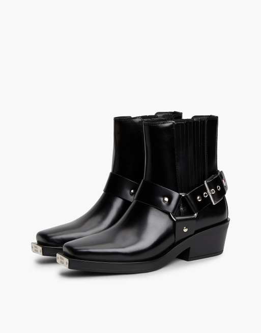 Tommy Jeans Leather strap buckle western boots in black, 2 of 7