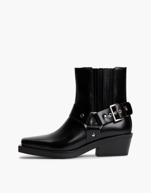 Tommy Jeans Leather strap buckle western boots in black, 7 of 7