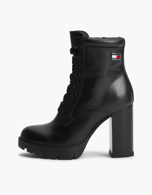 Tommy Jeans Leder-Stiefel mit hohem Blockabsatz und Schnürung in Schwarz, 7 von 7