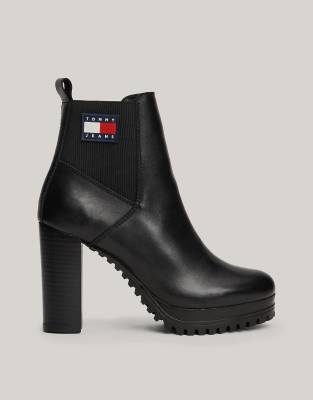 Tommy Jeans - Lederstiefeletten in Schwarz mit hohem Absatz und Profilsohle