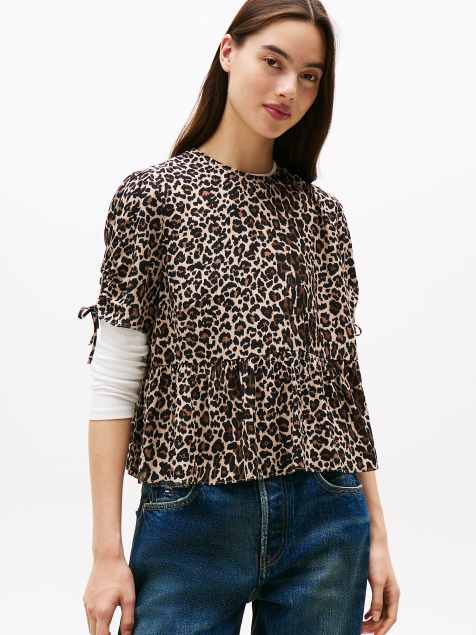 Tommy Jeans Leopard print short sleeve blouse in multi - view 1