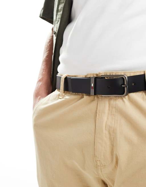 Tommy Jeans - Leren riem van 3,5 cm met vlag in zwart