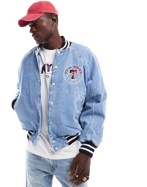 Tommy Jeans letterman denim jacket in light wash