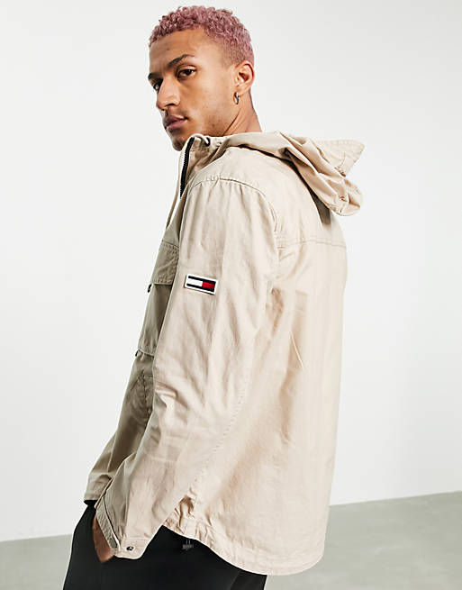 Tommy Jeans lightweight cotton hooded parka jacket in soft beige | ASOS