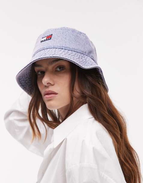 Tommy Jeans flag logo washed denim bucket hat in lilac 