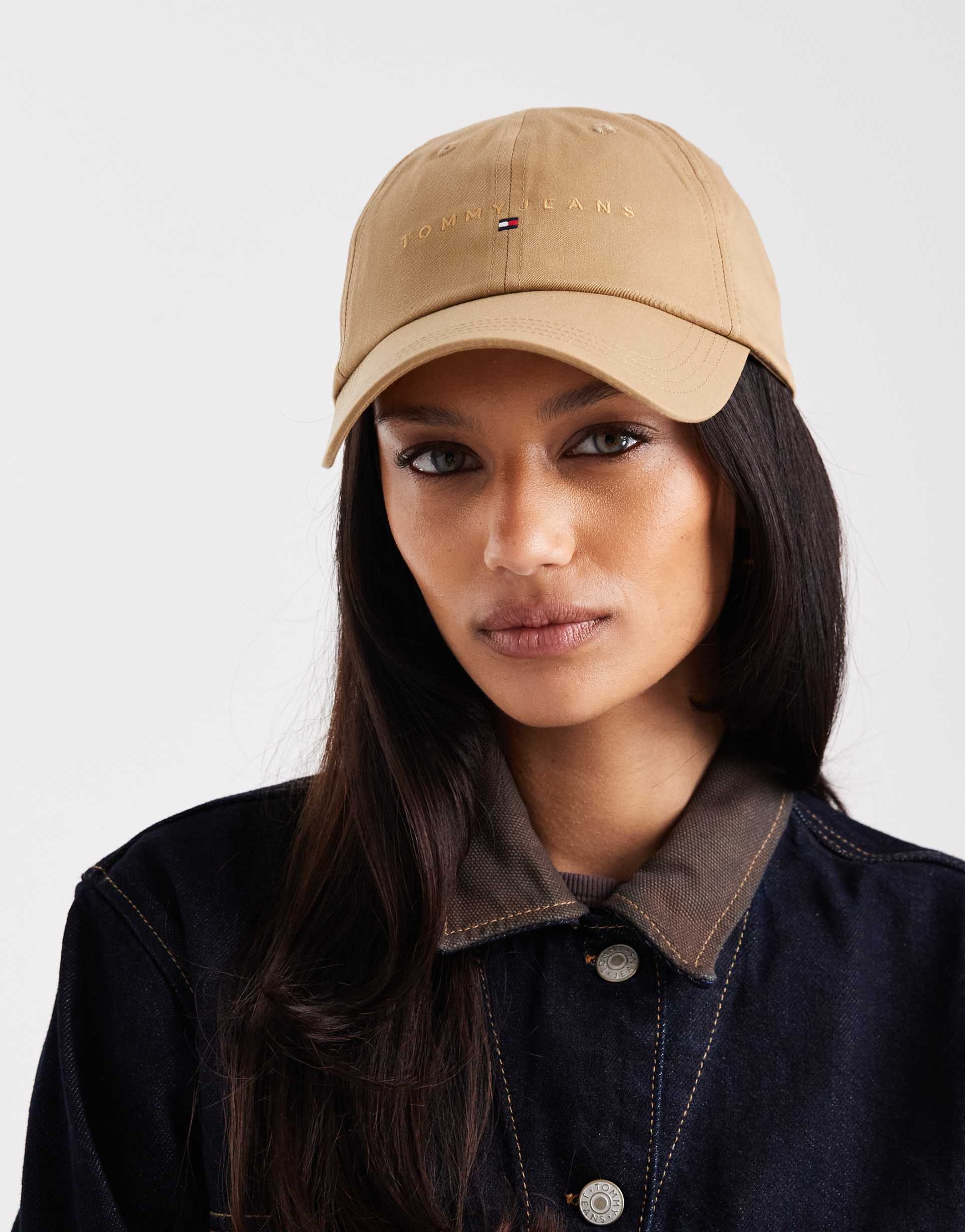 tommy jeans linear flag logo cap in tan
