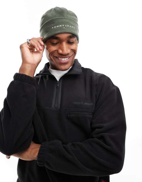Tommy Jeans linear logo fleece beanie in army green - view 1