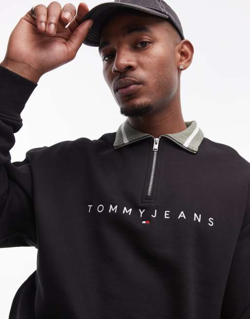 Tommy Jeans linear logo half zip sweatshirt in black, 2 of 4