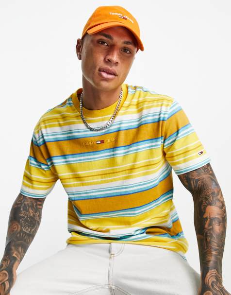Tommy Jeans linear logo multistripe t-shirt in pollen yellow - view 1