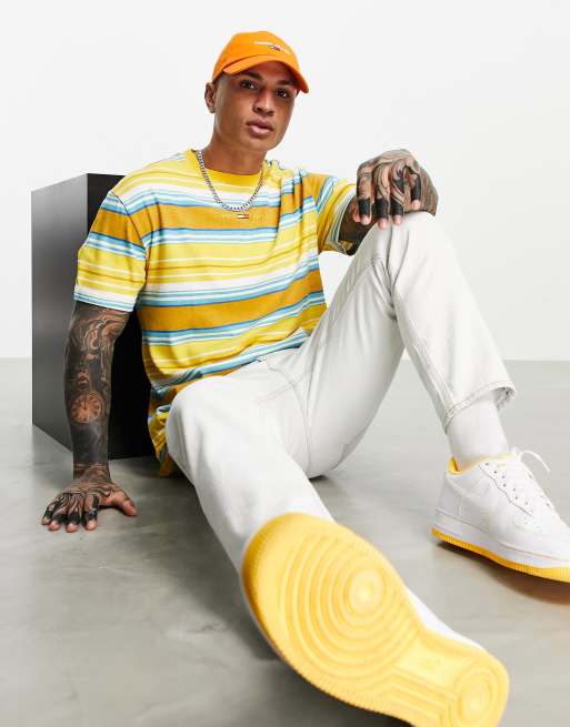Tommy Jeans linear logo multistripe t-shirt in pollen yellow, 4 of 4