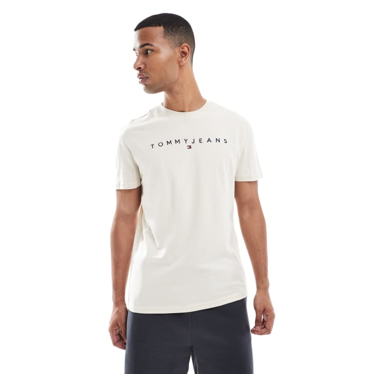 Tommy Jeans linear logo t-shirt in beige | ASOS