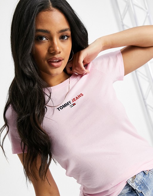 Tommy Jeans linear logo tee in pink
